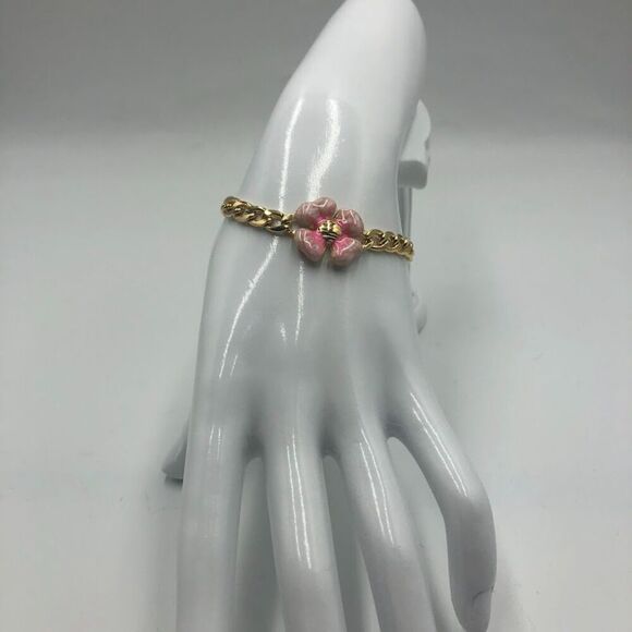 18K Gold Plated Women's Bracelet with Pink Flower Hypoallergenic Waterproof - Picture 5 of 10